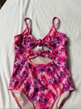 Girls Pink Floral One-Piece Swimsuit with Twist Cutouts